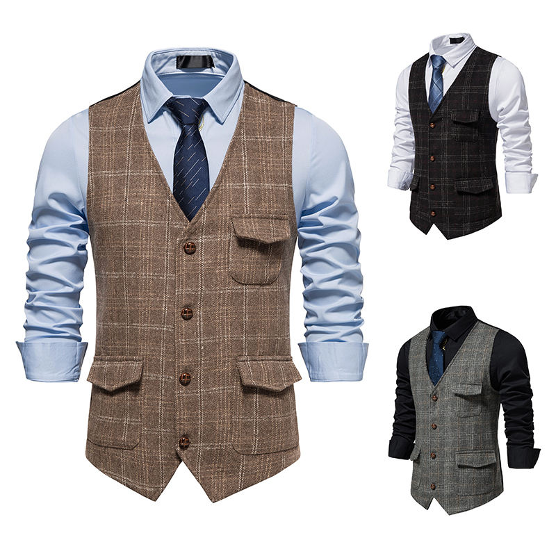 2024 Retro Western Style Men's Suit Vest Tweed British Large Size Men's Vest Suit Vest